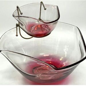 Vintage MCM Anchor Hocking Cranberry Red Chip and Dip Bowl Set